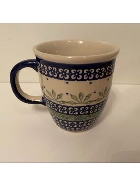 POLISH POTTERY MUG CUP BLUE WHITE GREEN FLORAL HANDMADE HOME DINING 10 oz.